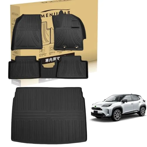 「MENIIKAR」トヨタ ヤリスクロス 2WDフロアマット専用のフロアマット＆ラゲッジマット 4点セット。3Dカーマットが防水・防滑・防汚でTPE素材製。Yaris Cross 2WD 2020年8月～ に最適化されたカスタム設計。 (1-2列目+ラゲッ