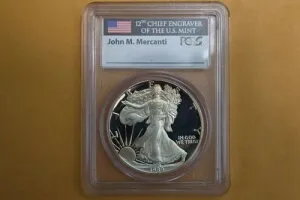 1989-S プルーフ シルバー イーグル PCGS PR69 DCAM ジョン・マーカンティ サイン入り - ヘビートーン