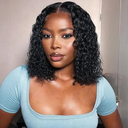 ボブウィッグ 人毛 12インチ 13x4 ディープカーリーレース フロントウィッグ 黒人女性用 180% 密度 ショート ディープウェーブ ボブ ウィッグ 透明 プレ摘み取ら フロントウィッグ 人毛