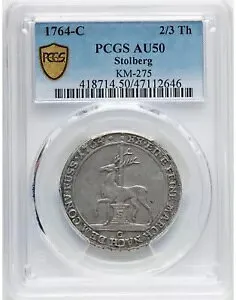 ドイツ 1764 - シュトルベルク - 2/3 ターラー - PCGS AU 50 - レア