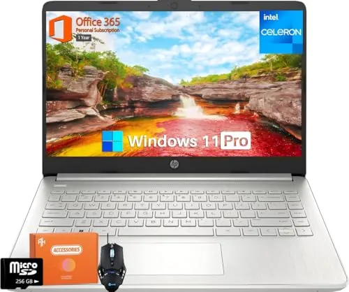 HP 14インチノートパソコン 学生ビジネス、Intel Celeron CPU、16GB RAM、384GBストレージ(128GB eMMC+256GB MSD)、1年間のMicrosoft 365、Intel UHDグラフィックス、ポータブルで軽量、W