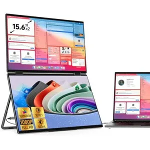 KAZARIKOデュアルモニター15.6インチ2画面折りたたみ式ディスプレイトリプルモバイルポータブルモニター360°回転VESA対応Type-CminiHDMI自立スタンド付き(PC・Mac対応