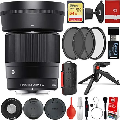 Sigma 30mm f/1.4 DC DN コンテンポラリーレンズ Sony Eマウントバンドル 64GBメモリーカード IRリモコン 3ピースフィルターキット リストストラップ カードリーダー メモリーカードケース 卓上三脚
