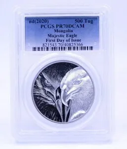 2020年 モンゴル マジェスティック イーグル PCGS PF70 DCAM FDOI 1オンス .999 シルバー 500 TUG トグロッグ