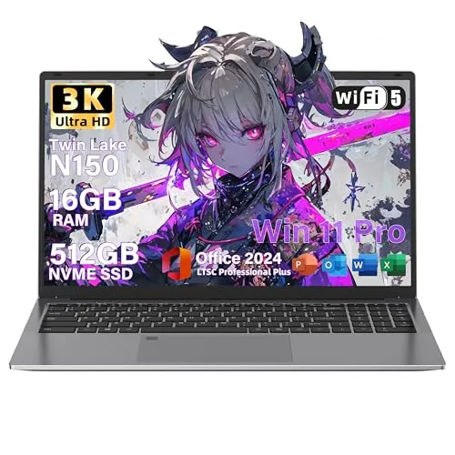 SERYUB Office 2024搭載ノートパソコン 16インチ 3K（3072×1920） インテル N150登場 (N100&N97より速い 4コア/4スレッド 最大3.6GHz パソコン 180°開閉可能 DDR4 16GB+NVME SSD 51