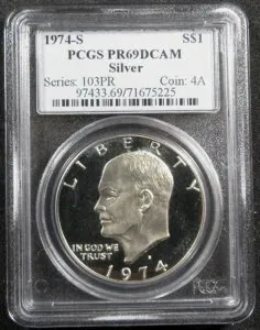 1974-S 1ドル銀貨 PCGS PR69 ディープカメオ。銀含有量40%。(525057)