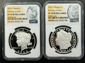 2023 S モーガン銀貨とピース銀貨 NGC PF 70 ウルトラカメオ 2 コイン