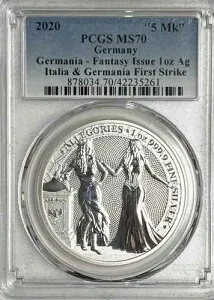 ドイツ 2020 イタリア＆ゲルマニア ファーストストライク 1オンス 999.9 シルバー 5マーク MS70 PCGS