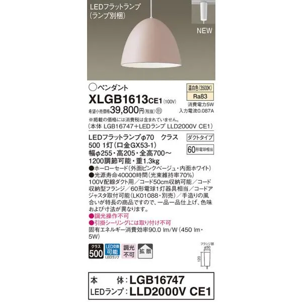 【法人様限定】パナソニック XLGB1613 CE1 LEDペンダント ホーローセードタイプ・拡散・ダクトタイプ 白熱電球60形1灯相当 温白色【LGB16747 + LLD2000V CE1】