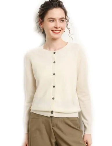 [Aecsoc] クルーネック 長袖 100%カシミヤ カーディガン セーター レディース 秋冬 ZSBR-8367 (JP, アルファベット, M, ホワイト)