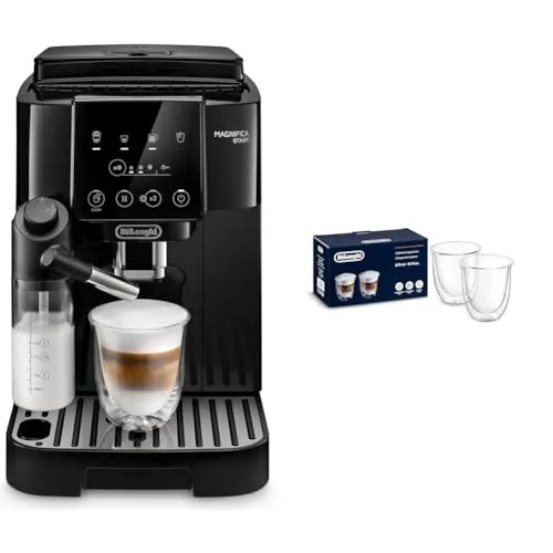 【セット買い】De’Longhi (デロンギ) 全自動コーヒーマシン マグニフィカスタート ECAM22062B [ブラック] デロンギファミリー登録で3年保証 + ダブルウォールグラス DWG2S-190 コップ コーヒー カプチーノ 190ml(満水時