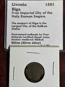 神聖ローマ帝国。自由都市リガ・リヴォニア 1561年 シル/ビル・シリング 18mmクリップ C562
