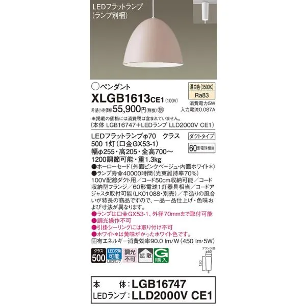 安心のメーカー保証Ｔ区分 パナソニック XLGB1613CE1 『LGB16747＋LLD2000VCE1』（ランプ別梱包） ペンダント 配線ダクト用 LED