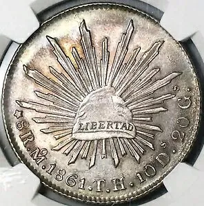 1861-Mo TH NGC MS 61 メキシコ 8 レアル レア キャップ レイズ シルバー コイン (23080402C)