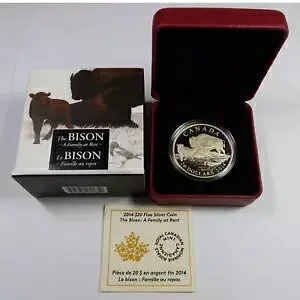 2014 カナダ - 1 オンス シルバー $20 ザ バイソン A ファミリー アット レスト コイン ボックス & COA 付き 49398P
