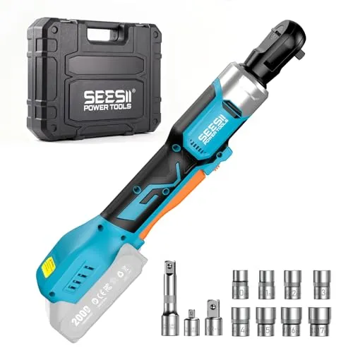 【2026年新登場】SEESII 電動ラチェットレンチ 充電式 コードレス 80N・m 正逆転切替 3/8"差込角 1/4"と1/2"変換アダプター 8本10/11/12/13/14/15/16/17mmインパクトソケット エクステンションバー LEDライ