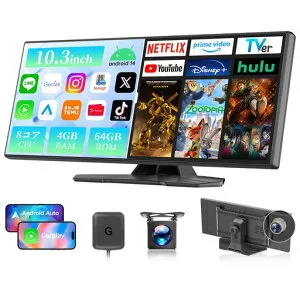 VANBAR最新1台3役ディスプレイオーディオ【Googleの最新のAI機能】10.3インチ車載モニター【Android14システム8コアCPU4GBRAM+64GBROM大容量】Carplayリアカメラデジタルインナーミラー