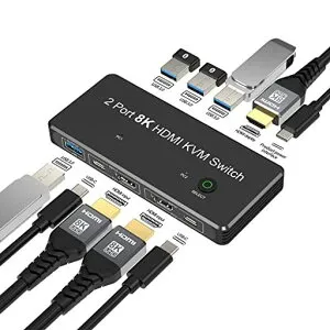 FDBRO2ポート8KHDMI2.1KVMスイッチ2入力1出力8K@60Hz4K@120Hz2PCから1モニター、キーボード/マウス/Uディスクを共有するための4つのUSB3.0ポート