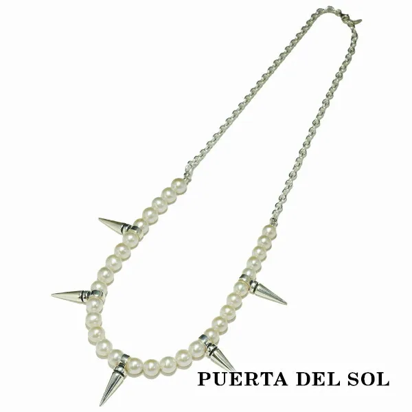 PUERTA DEL SOL パンク ロック スタッズ パール 真珠 ネックレス(チェーン付き) ホワイト シルバー950 ユニセックス シルバーアクセサリー 銀 SV950 爆買