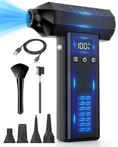 FOXKING 最強風力120m/s 洗車 ブロワー 最強 300000rpm電動エアダスター 小型ミニブロワー (3段風量調整・ 8000mAh・ 200分連続作業可) 充電式ブロアー 2個LEDライト付き 274g軽量 コードレス LCD数字ディ