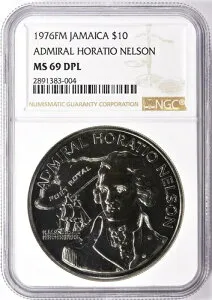 ジャマイカ 1976-FM $10 アドミラル ホレーショ ネルソン KM-71 NGC MS-69 DPL - 1 点中トップ POP!