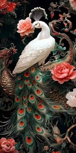 DIY ペイントバイナンバーキット 数字油絵 アクリル絵具 & ブラシ付き 大人 子供 初心者向け フレームレス クジャクの花 大サイズ デザイン 手作り油絵 キャンバスアート リビング/オフィス壁飾り インテリア手工芸 100x200cm 汎用サイズ 塗