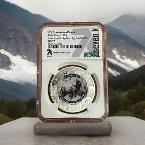 2021年 クック諸島 5ドル 米国州動物 コロラドロッキーマウンテン ビッグホーンシープ NGC MS70