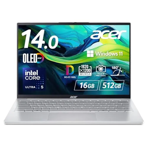 Acer Swift Lite 14 16GBメモリー 512GB SSD 14インチ WUXGA 16:10 OLED 光沢 インテル Core Ultra 5 115U アルミニウム合金 180°ヒンジ 9時間駆動 1.1kg 200万画素 Webカメ