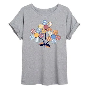 アニメキャラクター レディース トップス Tシャツ パッチワーク Licensed Character Juniors' Patchwork FlowersOversized Tee Heather Gray グレー