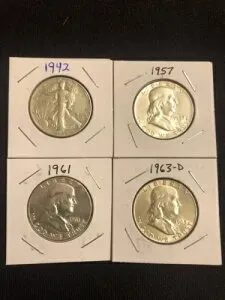 ハーフドル硬貨 4枚 90% 銀貨 1枚 ウォーキング・リバティ 1942年、フランクリン 3枚 1957、61、63D