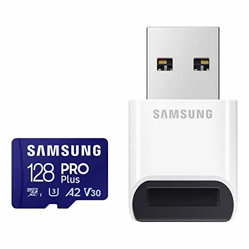 SAMSUNG PRO Plus microSD Memory Card + Reader, 128GB MicroSDXC, Up to 180 MB/s, Full HD & 4K UHD, UHS-I, C10, U3, V30, A2 for An