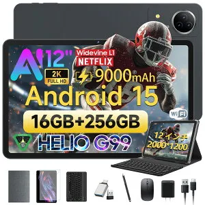 タブレット 12インチ G99搭載 Gemini AI Android 15 タブレット 2K FHD 2000*1200IPS 8GB+8GB仮想メモリ 256GB ROM 2TB拡張 9000mAh+PD18W急速充電サポート 8コア Widevine L1 90Hzリフレッシュレート 5GWiFi+BT5.0+GPS/GMS+13+8MP