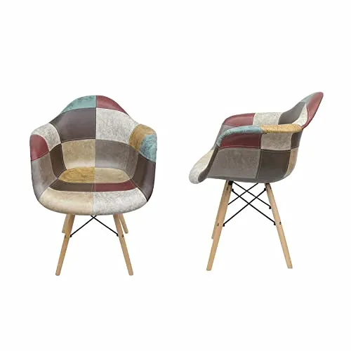 【WNJAPAN】イームズ チェア パッチワーク Eames ヴィンテージ レザー合皮柄 オックス生地 アームシェルチェア 木脚 デザイナーズ 家具 イームズチェア 北欧テイスト レザー １脚 EM-38