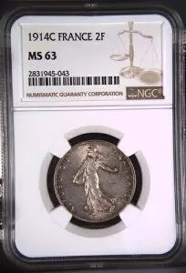 2フラン 1914 C フランス カステルサラセン NGC MS63 フランス フラン-