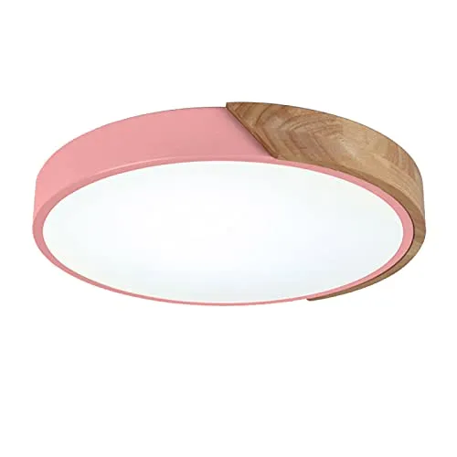 丸型マカロン型LEDシーリングライト、モダンな木製ランプ、子供部屋、リビング、寝室、廊下用埋め込み型照明、ピンク+クールホワイト-60cm 48W