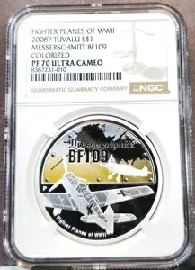 2008年 ツバル シルバー 1ドル 第二次世界大戦 メッサーシュミット BF109 NGC PF 70 ウルトラカメオ 希少