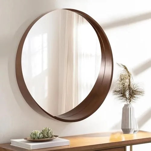 木製 鏡 円形 壁掛けミラー 直径30 40 50 60cm、北欧 おしゃれ ウォールミラー 装飾 天然木のフレーム HDガラス 高精細鏡面 飛散防止、吊り下げまたは卓上、Wall Mirror ガラスパネルの丸 化粧鏡 浴室 洗面所 トイレ ドレッサー