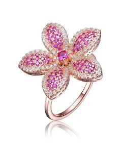 ジュネヴィヴェ レディース アクセサリー リング Genevive Sterling Silver 18K Rose Plated Clear and Red Cubic Zirconia Flower Coctail Ring Red レッド