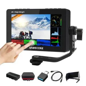 ANDYCINEA6II5.5インチタッチ式フィールドモニター【1600nit高輝度4KHDMI入出力】『3つの給電方法Typc-C/DC12V給電F970バッテリープレート』1920x1080FHD「F550Cバッテリー付き