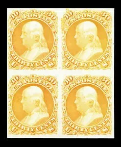 US #71P3; 30セント フランクリン・インディア 紙皿プルーフ カード付き NGAI ブロック 4枚組、CV $350