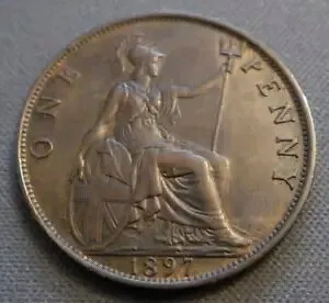 コイン、ヴィクトリア女王ブロンズ ペニー 1897、オールド ベールド バスト、Fm 145 Dies 1a。 B.V.F.