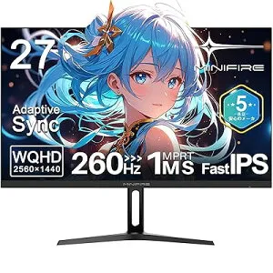 Minifire ゲーミングモニター27インチ｜WQHD 2560×1440 260Hz｜Fast IPS 1ms(MPRT)｜130% sRGB/99% DCI-P3｜HDR400｜フリッカーレス/ブルーライト軽減｜HDMI2.0×2/DP1.4×