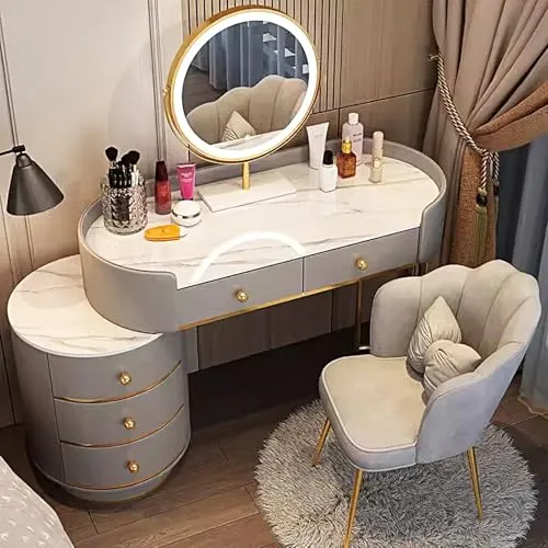 ドレッサー ドレッサーテーブル dressing table with mirror 引き出し付き大型化粧台セット モダンな焼結大理石トップ タッチスクリーン HD ミラー 5 つの引き出し付き化粧台セット(Gray)