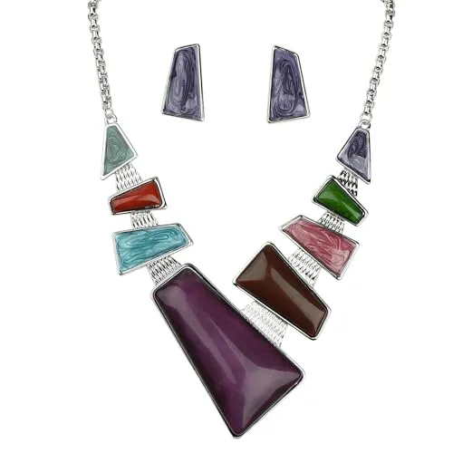 ViVDuo レディース 幾何学模様 合金 エナメル 三角形 四角形 ひし形 ステートメントネックレス イヤリング ジュエリーセット 女性用 花嫁, Extra Large, 金属, キュービックジルコニア