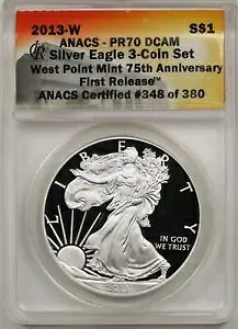 2013-W シルバー イーグル $1 ANACS PR70 DCAM ウエスト ポイント 75 周年記念初リリース