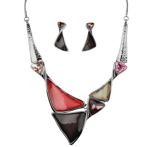 ViVDuo レディース 幾何学模様 合金 エナメル 三角形 四角形 ひし形 ステートメントネックレス イヤリング ジュエリーセット 女性用 花嫁, Extra Large, 金属, キュービックジルコニア