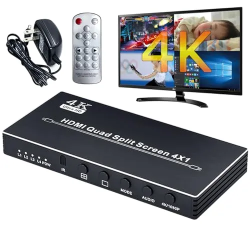 ELEVIEW 4K30Hz HDMI マルチビューワー 4入力1出力 4分割表示 PBP/PIP機能 アルミ製 シームレス切り替え スイッチャー 会議/分析/ゲーム/監視に適用 リモコン付き EHD-906N