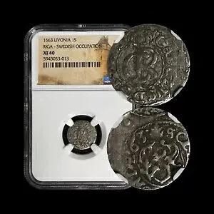 リヴォニア。1663年、ソリダス1枚、銀 - NGC XF40 - カール11世、スウェーデン、リガ、グリフィン013