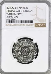 2016年 20ポンド銀貨 女王生誕90周年記念 NGC MS69 DPL 英国