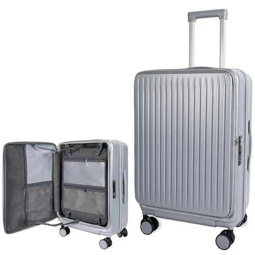 J.K.T 片開きスーツケース軽量 フロントオープン Mサイズ キャリーケース 前開き 拡張可 【2026新販売 1：9深型設計 着脱式仕切り付き】 大容量 PC+ABS 超軽量 頑丈 13in1多機能 静音キャスター ストッパー付き USB充電 ドリンク